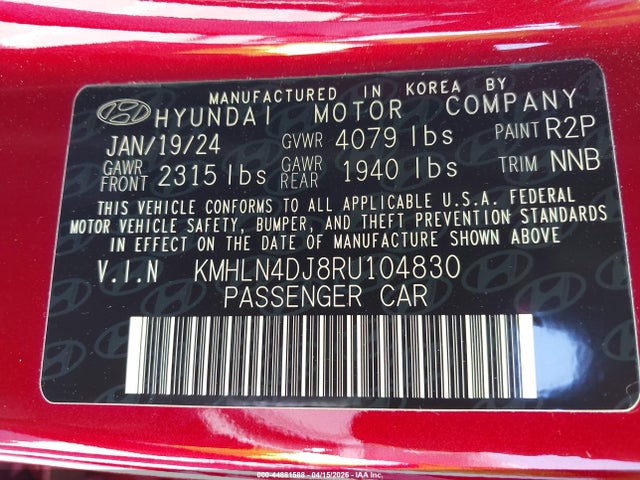 2024 Hyundai Elantra Hybrid Limited მანქანა იყიდება აუქციონზე, vin: KMHLN4DJ8RU104830, აუქციონის ნომერი: 44881588
