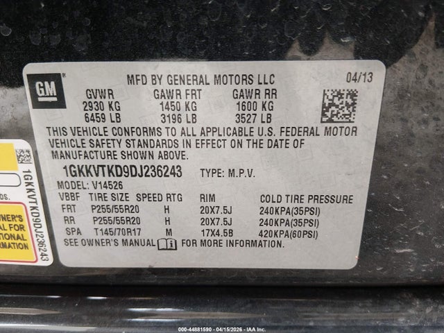 Aukcja sprzedaży 2013 Gmc Acadia Denali, vin: 1GKKVTKD9DJ236243, numer aukcji: 44881590