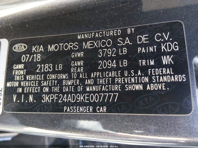 Продаж на аукціоні авто 2019 Kia Forte Lxs, vin: 3KPF24AD9KE007777, номер лоту: 44881600