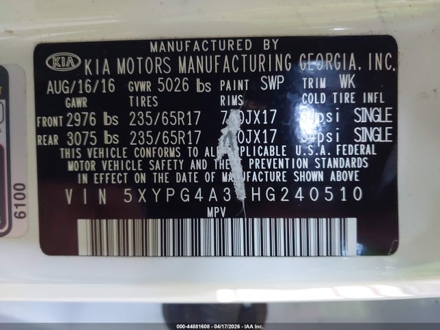 5XYPG4A34HG240510 KIA Sorento 2.4l Lx