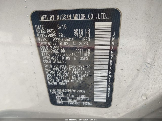 Продажа на аукционе авто 2015 Nissan Quest Platinum/s/sl/sv, vin: JN8AE2KP6F9129932, номер лота: 44881612