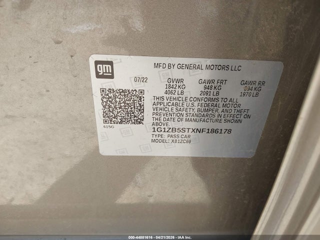 Aukcja sprzedaży 2022 Chevrolet Malibu Fwd Ls, vin: 1G1ZB5STXNF186178, numer aukcji: 44881616