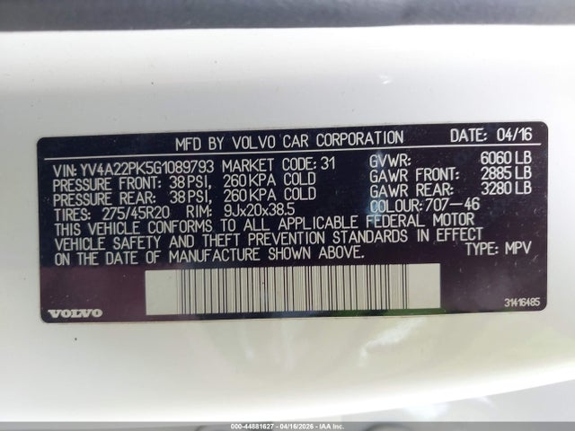 44881627 :رقم المزاد ، YV4A22PK5G1089793 vin ، 2016 Volvo Xc90 T6 Momentum مزاد بيع