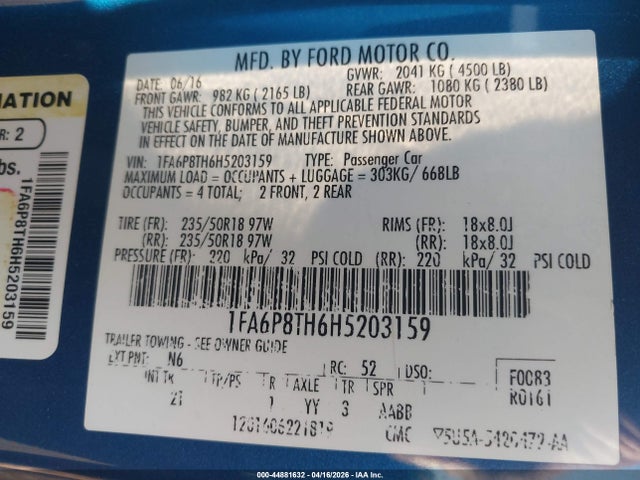 2017 Ford Mustang Ecoboost მანქანა იყიდება აუქციონზე, vin: 1FA6P8TH6H5203159, აუქციონის ნომერი: 44881632
