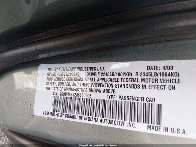 Продаж на аукціоні авто 2003 Subaru Outback, vin: 4S3BH665236650506, номер лоту: 44881643