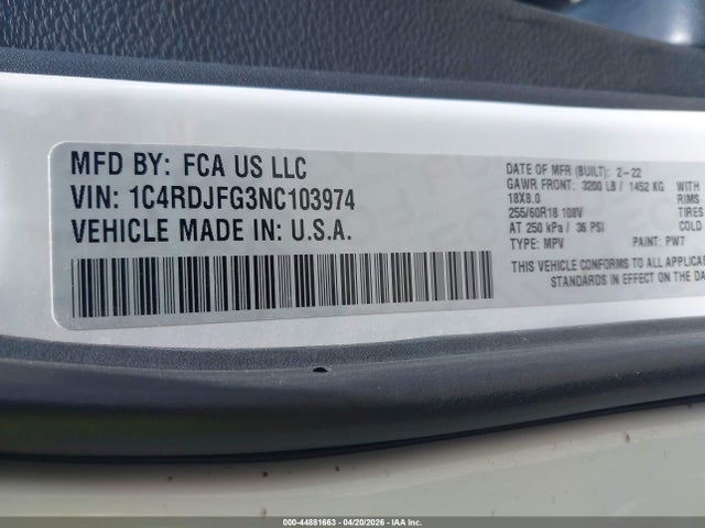 44881663 :رقم المزاد ، 1C4RDJFG3NC103974 vin ، 2022 Dodge Durango Pursuit Awd مزاد بيع