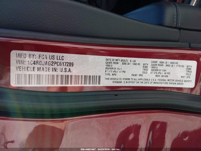 1C4RDJAG2PC617289 Dodge Durango Sxt Plus Awd