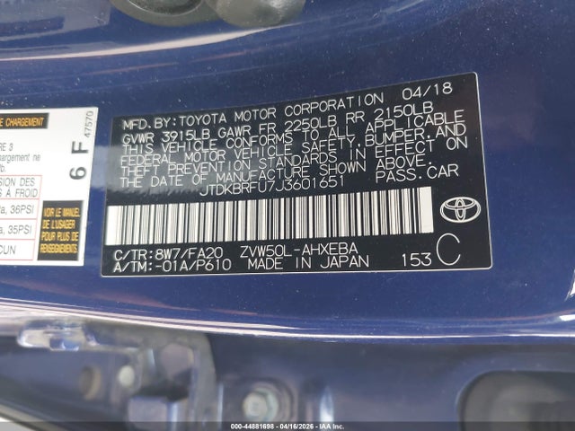 JTDKBRFU7J3601651 Toyota Prius One