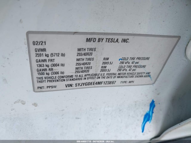 2021 Tesla Model Y Long Range Dual Motor All-wheel Drive მანქანა იყიდება აუქციონზე, vin: 5YJYGDEE4MF123897, აუქციონის ნომერი: 44881715