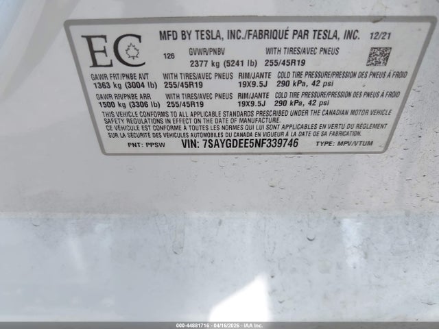 7SAYGDEE5NF339746 Tesla Model Y Long Range Dual Motor All-wheel Drive