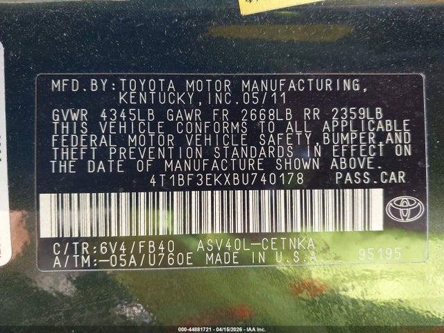 Продаж на аукціоні авто 2011 Toyota Camry Le, vin: 4T1BF3EKXBU740178, номер лоту: 44881721