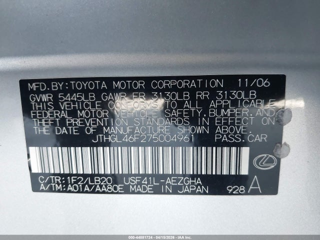 44881724 :رقم المزاد ، JTHGL46F275004961 vin ، 2007 Lexus Ls 460 L مزاد بيع