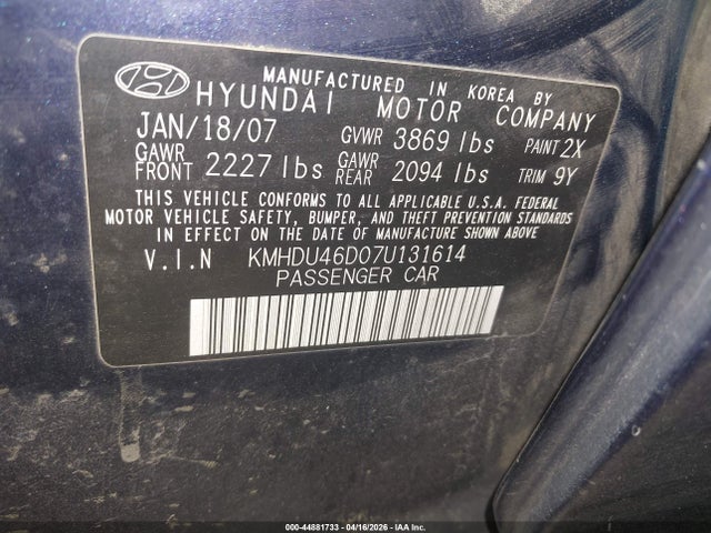 Продажа на аукционе авто 2007 Hyundai Elantra Gls/limited/se, vin: KMHDU46D07U131614, номер лота: 44881733