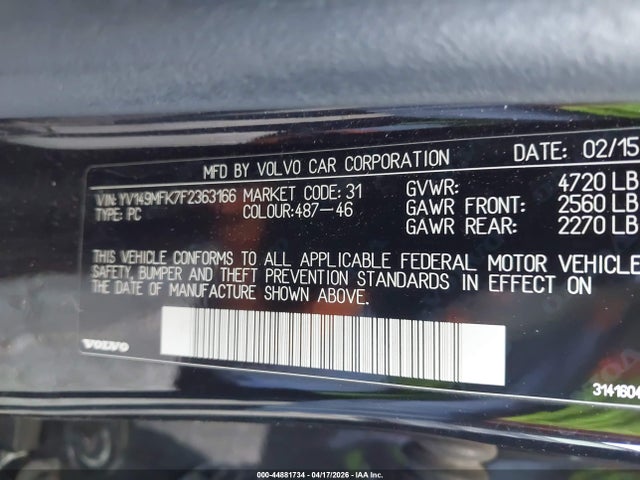 Продажа на аукционе авто 2015 Volvo S60 T6, vin: YV149MFK7F2363166, номер лота: 44881734