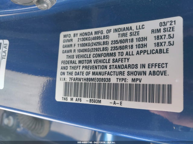 7FARW1H89ME008938 Honda Cr-v 2wd Ex-l