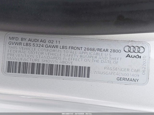 Aukcja sprzedaży 2012 Audi A7 Premium, vin: WAUSGAFC4CN001409, numer aukcji: 44881747