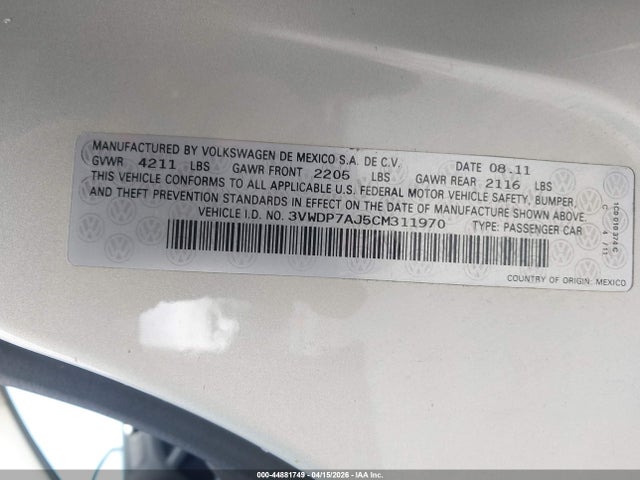 Продаж на аукціоні авто 2012 Volkswagen Jetta 2.5l Se, vin: 3VWDP7AJ5CM311970, номер лоту: 44881749