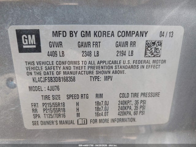 44881750 :رقم المزاد ، KL4CJFSB3DB168358 vin ، 2013 Buick Encore Convenience مزاد بيع