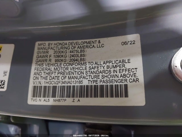 44881756 :رقم المزاد ، 1HGCV2F34NA013185 vin ، 2022 Honda Accord Sport 2.0t مزاد بيع
