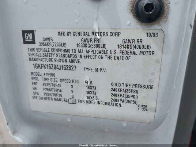 Продаж на аукціоні авто 2004 Gmc Yukon Xl 1500 Sle, vin: 1GKFK16Z04J162327, номер лоту: 44881769