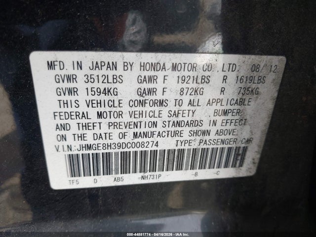 44881774 :رقم المزاد ، JHMGE8H39DC008274 vin ، 2013 Honda Fit مزاد بيع