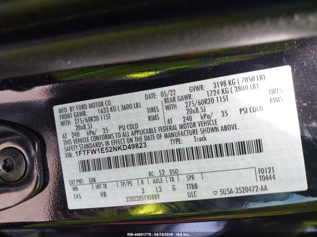 Ford F-150 Lariat 2022 1FTFW1E52NKD49823 Image 9