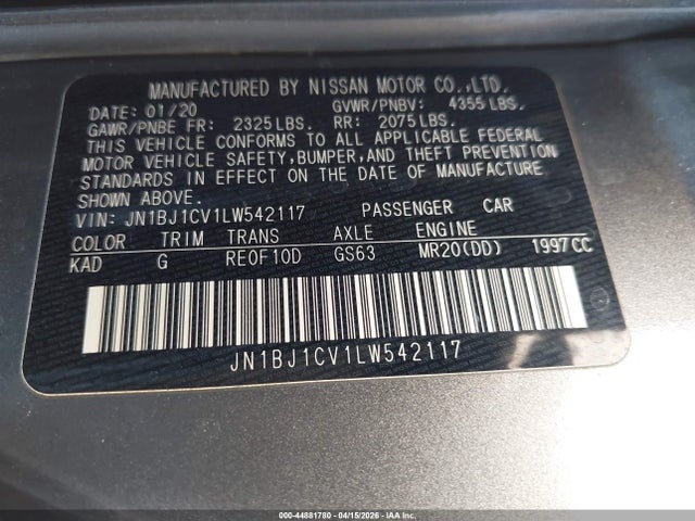 Продажа на аукционе авто 2020 Nissan Rogue Sport S Fwd Xtronic Cvt, vin: JN1BJ1CV1LW542117, номер лота: 44881780