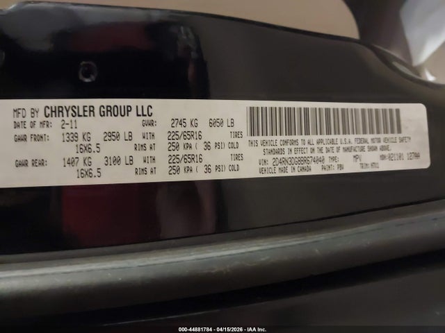44881784 :رقم المزاد ، 2D4RN3DG8BR674040 vin ، 2011 Dodge Grand Caravan Mainstreet مزاد بيع