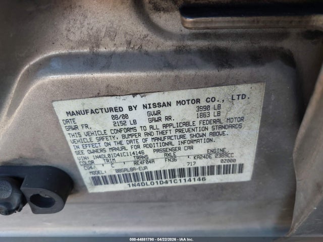 Aukcja sprzedaży 2001 Nissan Altima Gxe, vin: 1N4DL01D41C114146, numer aukcji: 44881790