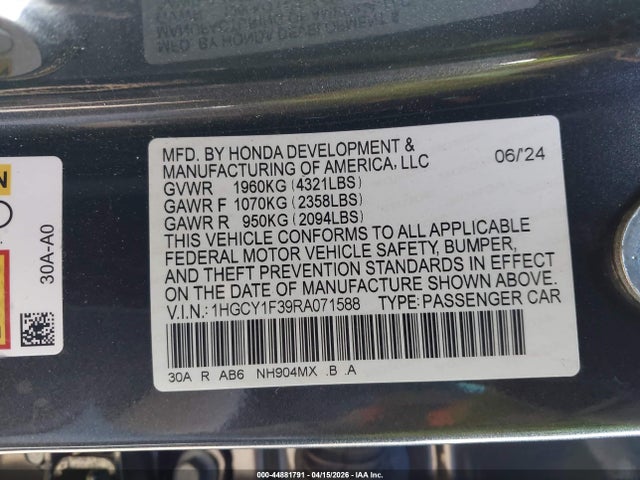 Honda ACCORD EX 2024 1HGCY1F39RA071588 Image 9