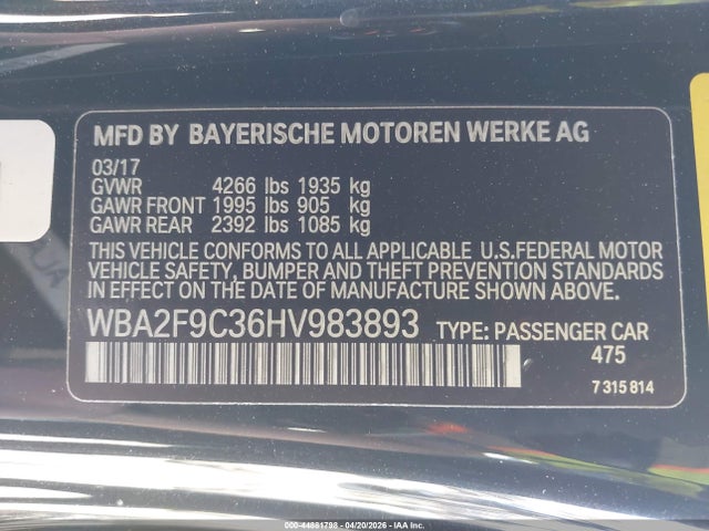 44881798 :رقم المزاد ، WBA2F9C36HV983893 vin ، 2017 Bmw 230i مزاد بيع
