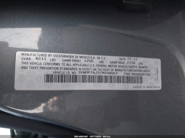 Продаж на аукціоні авто 2012 Volkswagen Jetta 2.5l Se, vin: 3VWDP7AJ7CM308052, номер лоту: 44881807