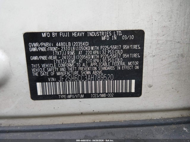 2010 Subaru Forester 2.5x Premium მანქანა იყიდება აუქციონზე, vin: JF2SH6CC3AH789520, აუქციონის ნომერი: 44881814
