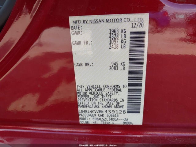 Продажа на аукционе авто 2021 Nissan Altima Sr Fwd, vin: 1N4BL4CV2MN339128, номер лота: 44881818