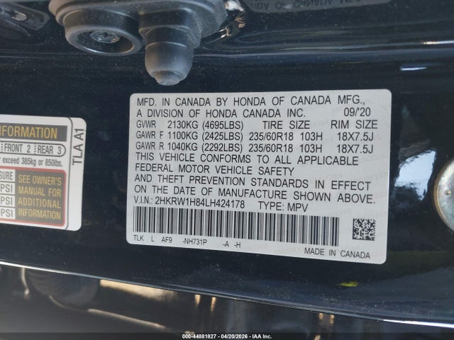 2HKRW1H84LH424178 Honda Cr-v 2wd Ex-l