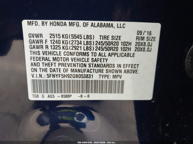 5FNYF5H92GB053831 Honda Pilot Touring