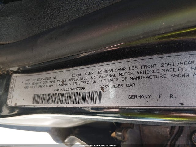 Aukcja sprzedaży 2000 Volkswagen Golf Gls 1.8l Turbo, vin: WVWGH21J3YW497399, numer aukcji: 44881840