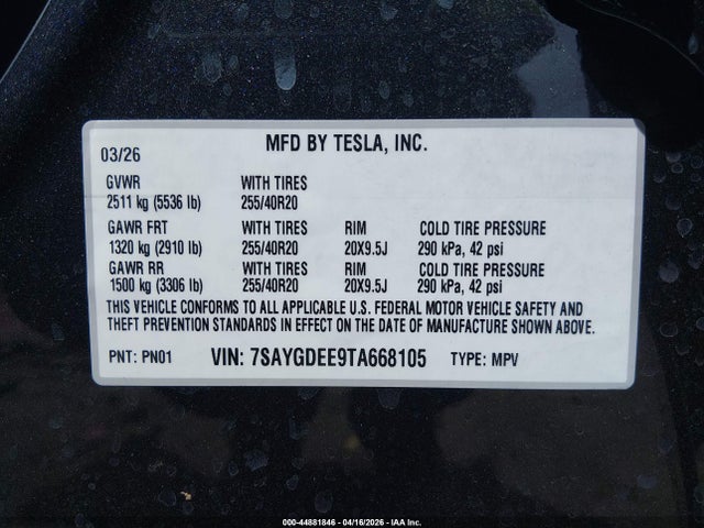 Продаж на аукціоні авто 2026 Tesla Model Y All-wheel Drive/long Range Launch Series/premium All-wheel Drive, vin: 7SAYGDEE9TA668105, номер лоту: 44881846