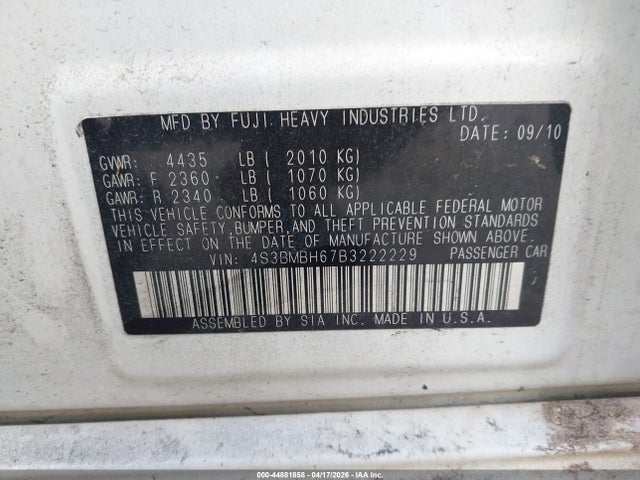 44881858 :رقم المزاد ، 4S3BMBH67B3222229 vin ، 2011 Subaru Legacy 2.5i Premium مزاد بيع