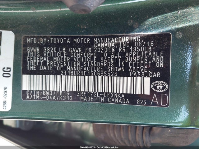 44881870 :رقم المزاد ، 2T1BURHE1GC695526 vin ، 2016 Toyota Corolla Le مزاد بيع