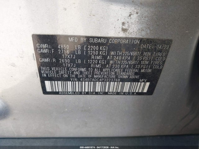 44881874 :رقم المزاد ، 4S4BTADC4P3223768 vin ، 2023 Subaru Outback Premium مزاد بيع