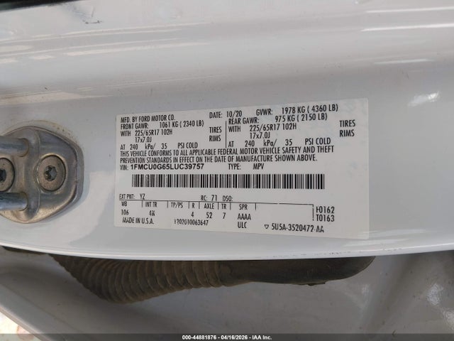 Ford ESCAPE SE 2020 1FMCU0G65LUC39757 Image 9