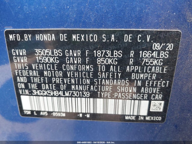 Продаж на аукціоні авто 2020 Honda Fit Ex, vin: 3HGGK5H84LM730139, номер лоту: 44881883