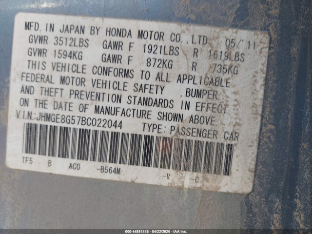 44881886 :رقم المزاد ، JHMGE8G57BC022044 vin ، 2011 Honda Fit Sport مزاد بيع