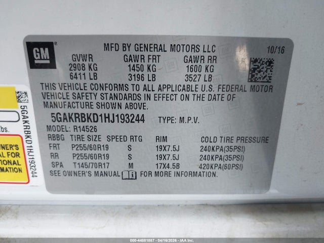 2017 Buick Enclave Leather მანქანა იყიდება აუქციონზე, vin: 5GAKRBKD1HJ193244, აუქციონის ნომერი: 44881887
