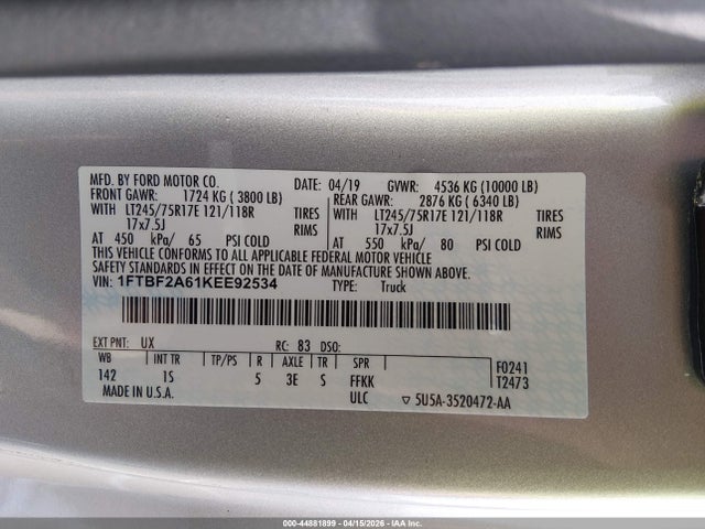1FTBF2A61KEE92534 Ford F-250 Xl