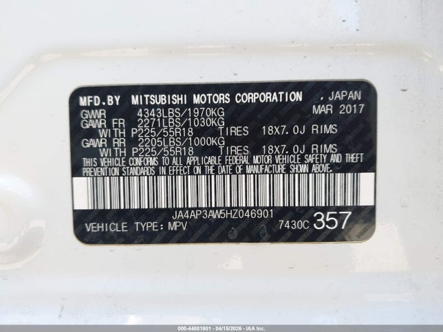 Продаж на аукціоні авто 2017 Mitsubishi Outlander Sport 2.4 Se, vin: JA4AP3AW5HZ046901, номер лоту: 44881901