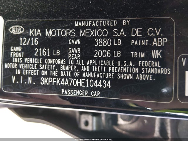 2017 Kia Forte Lx მანქანა იყიდება აუქციონზე, vin: 3KPFK4A70HE104434, აუქციონის ნომერი: 44881908