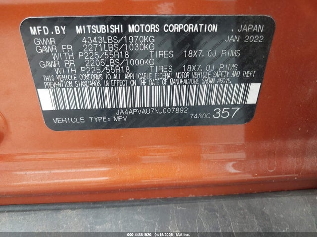 Aukcja sprzedaży 2022 Mitsubishi Outlander Sport 2.0 Se 2wd/2.0 Se Special Edition 2wd, vin: JA4APVAU7NU007892, numer aukcji: 44881920