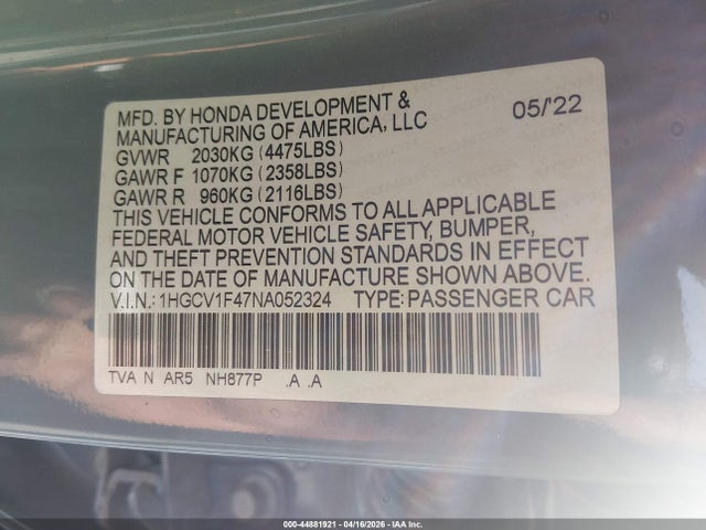 Продаж на аукціоні авто 2022 Honda Accord Sport Special Edition, vin: 1HGCV1F47NA052324, номер лоту: 44881921